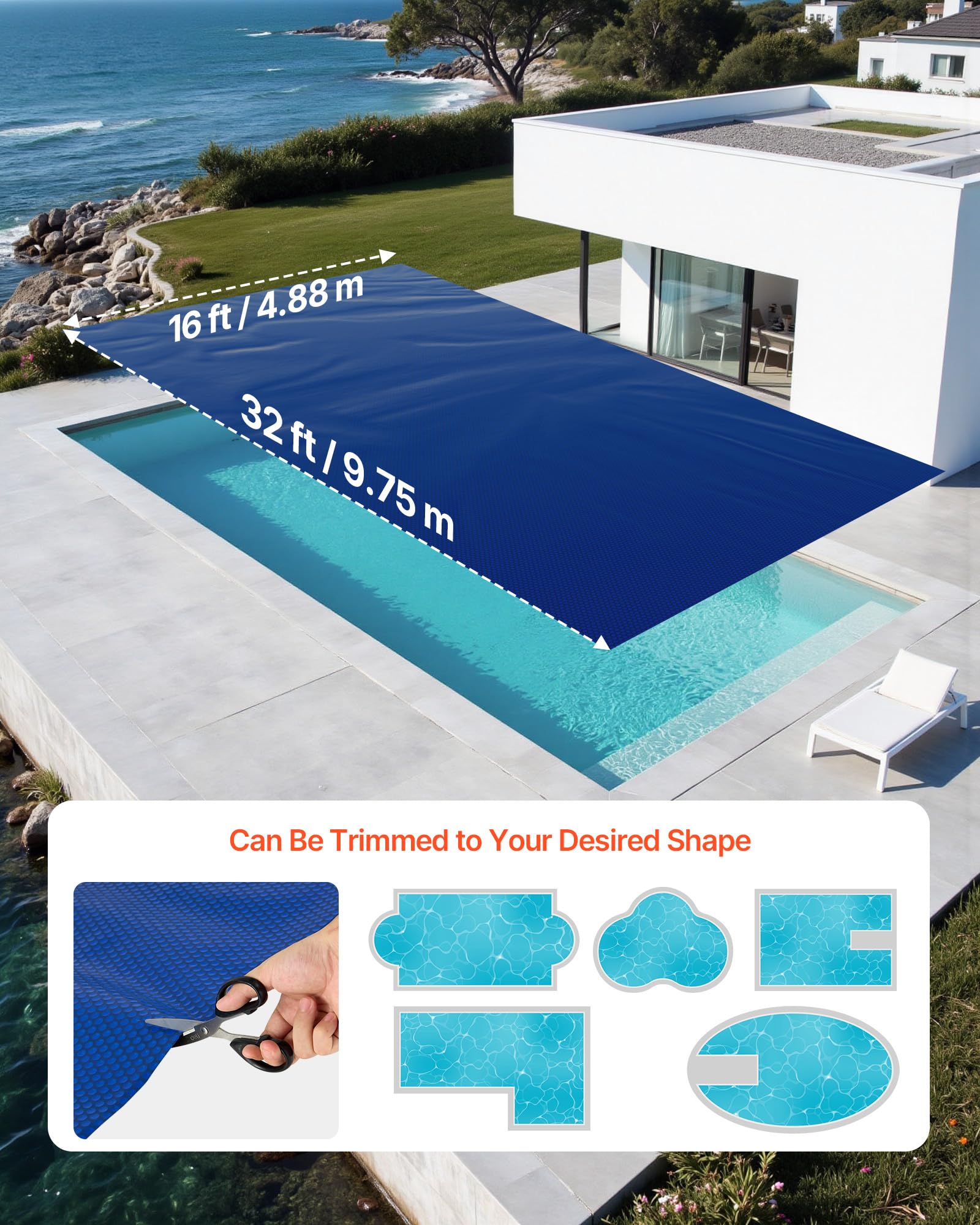 VEVOR Solar Pool Cover 32x16 ft Bubble Blanket 16 Mil