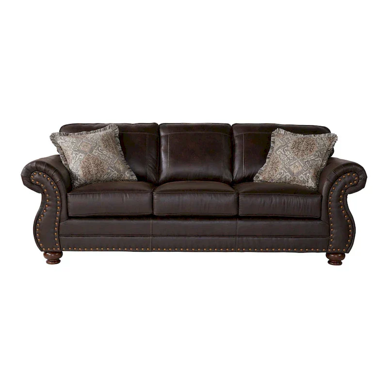 Roundhill Furniture Leinster Espresso Fabric Upholstered Sofa and Loveseat Set with Nailhead Trim