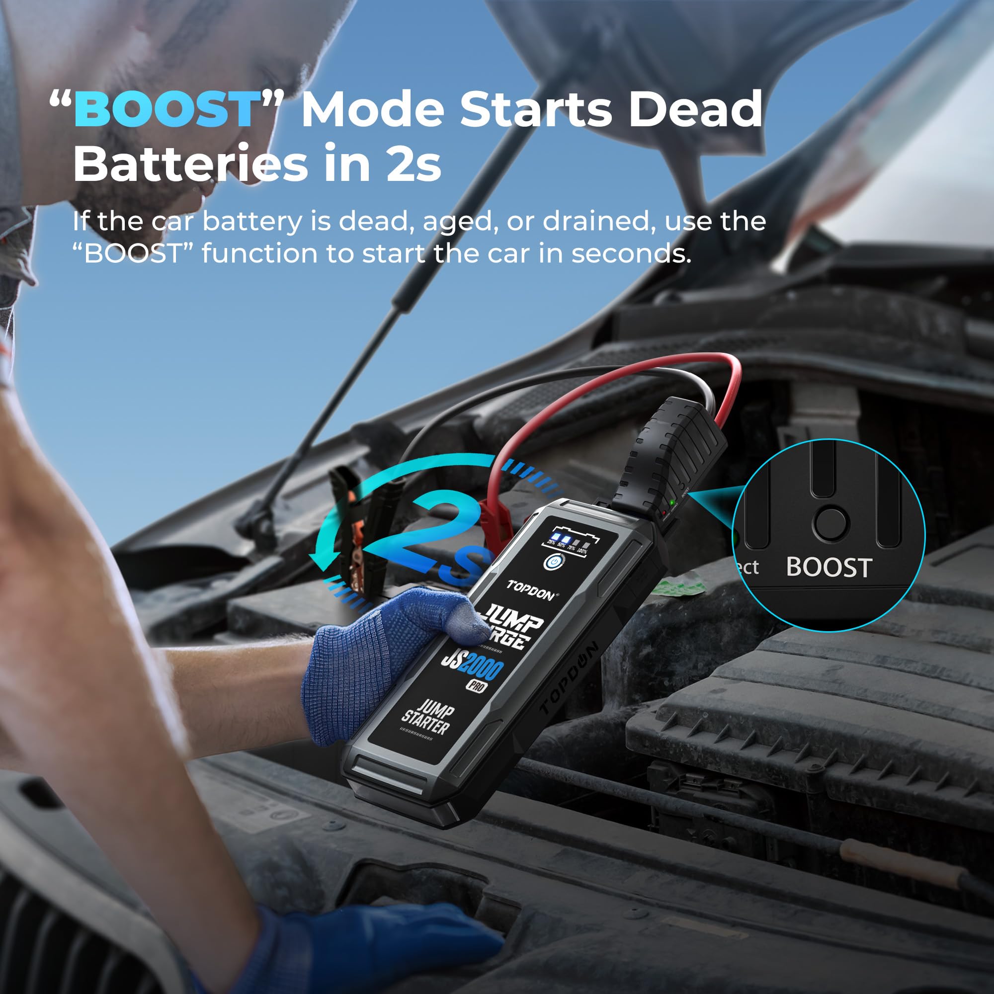 TOPDON Car Battery Jump Starter 2000A Peak 12V Booster