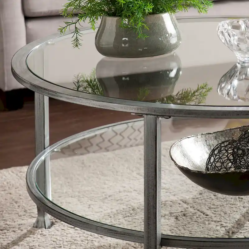 Glenn Distressed Silver Round Coffee Table with Glass Top and Shelf by SEI Furniture
