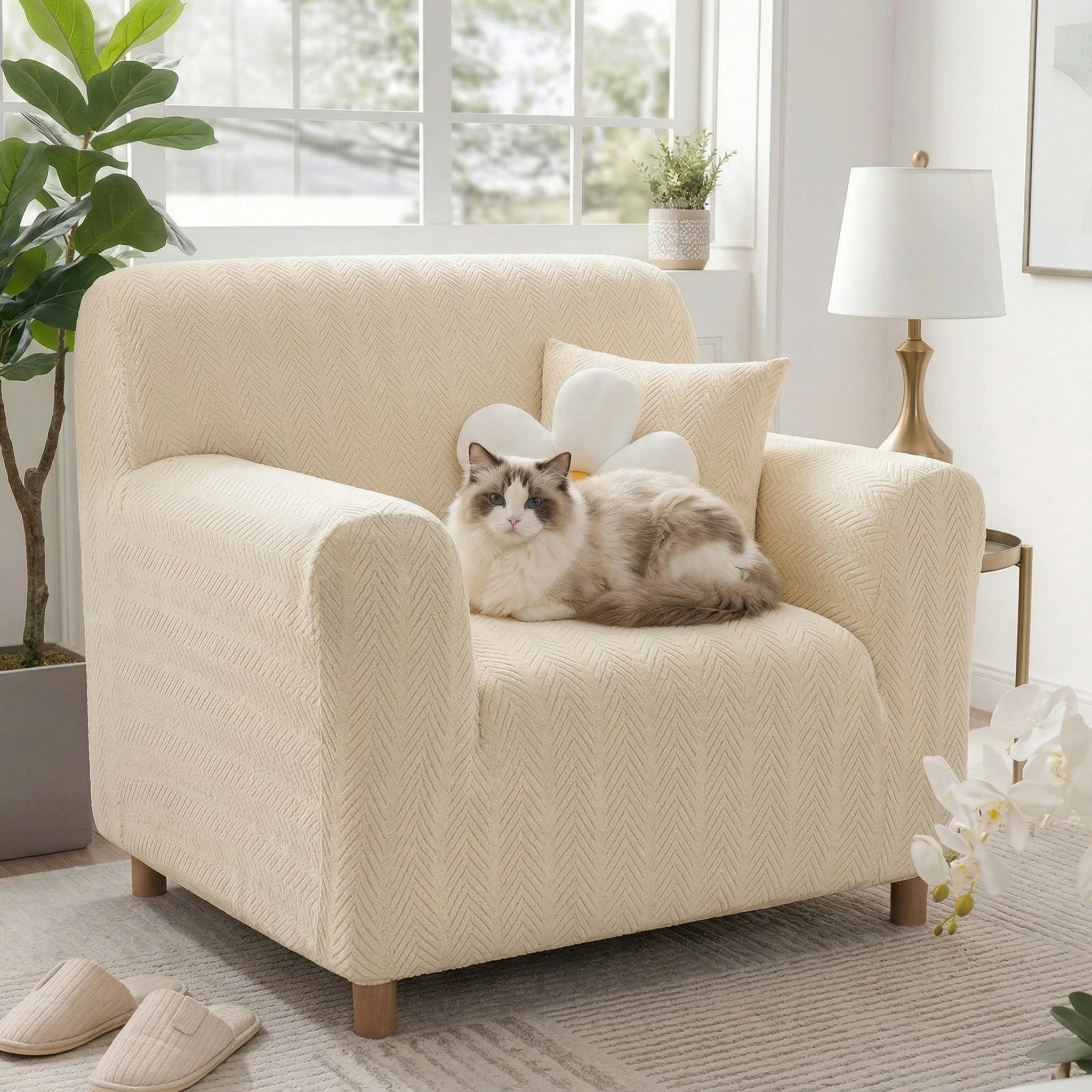 Elegant Herringbone Cream Aesthetic Stretch Magic Armchair Cover