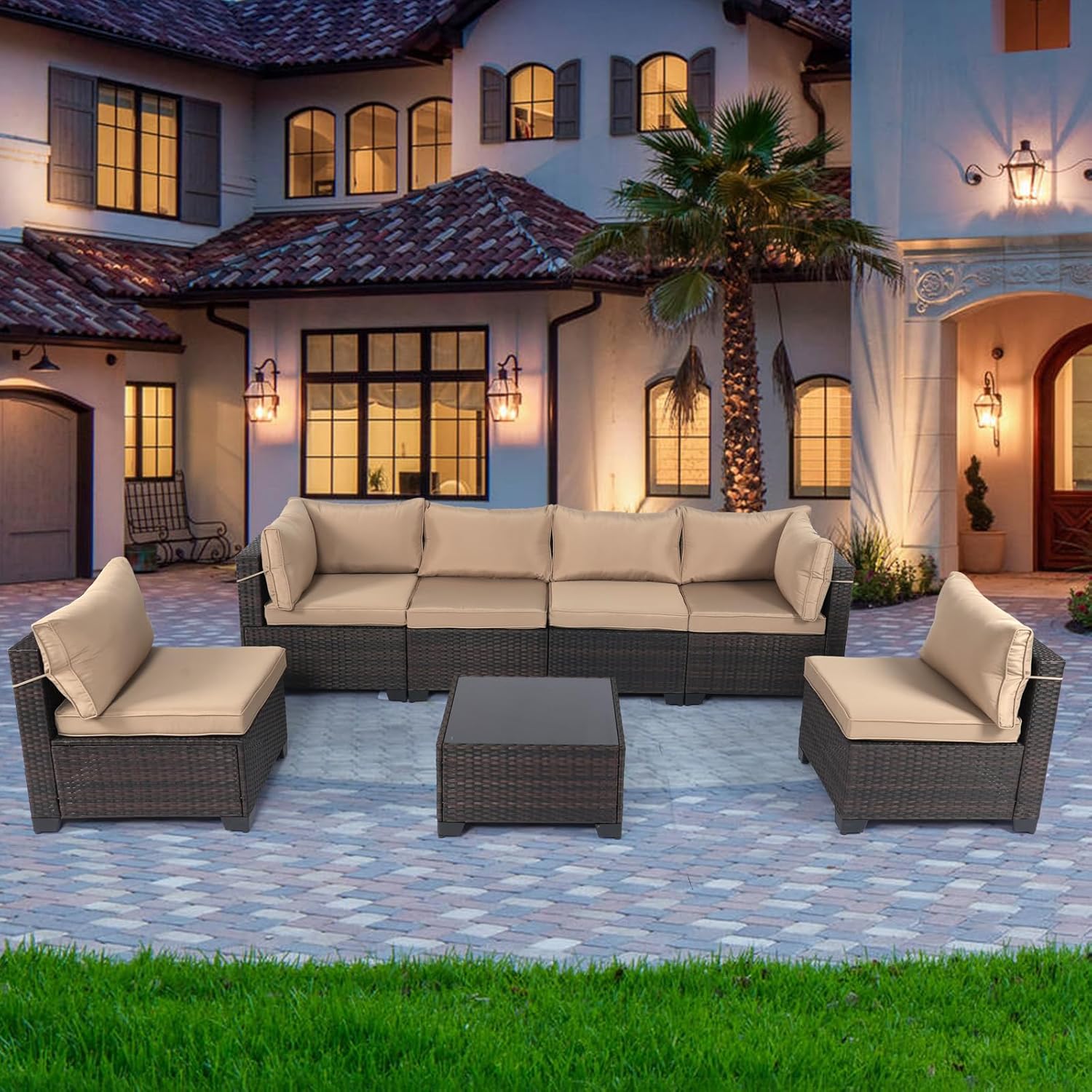 LEVELEVE 7 Pieces Rattan Patio Furniture Set with Tea Table