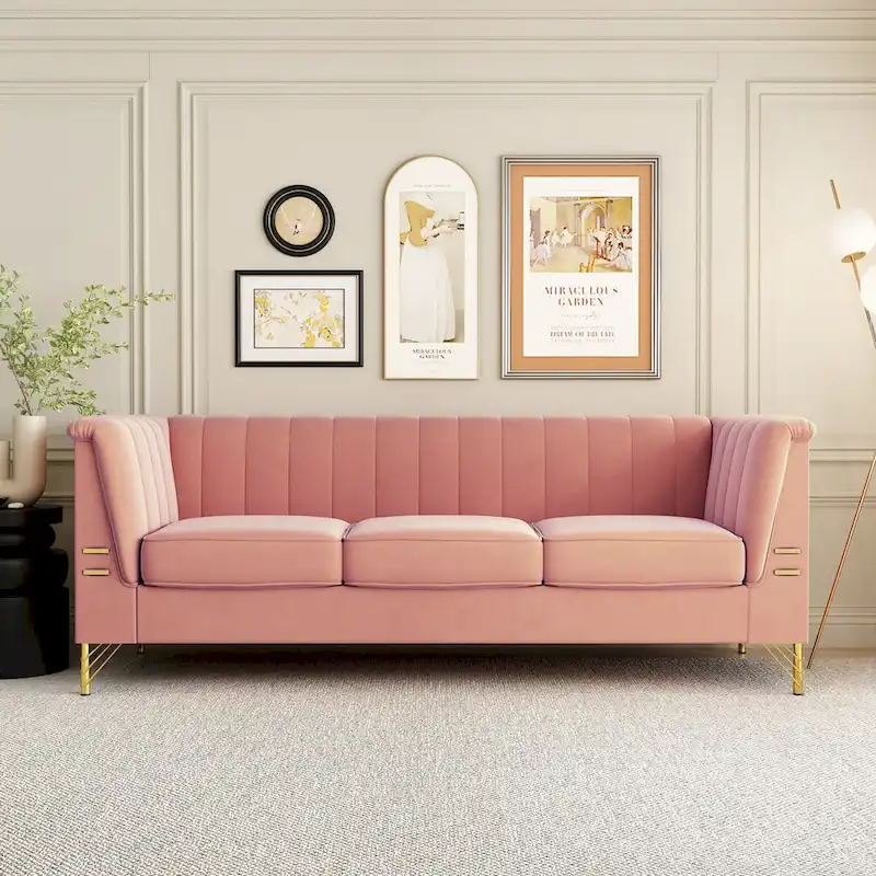 Contemporary Velvet Upholstered 3-Seat Sofa with Golden Metal Legs - Pink Living Room Couch (83.46