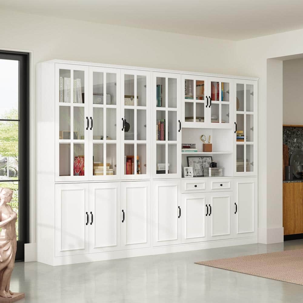 110.2 in. Width Luxurious Wide White Wooden 25-Shelves Accent Bookcase with Tempered Glass Door and 2-Drawers