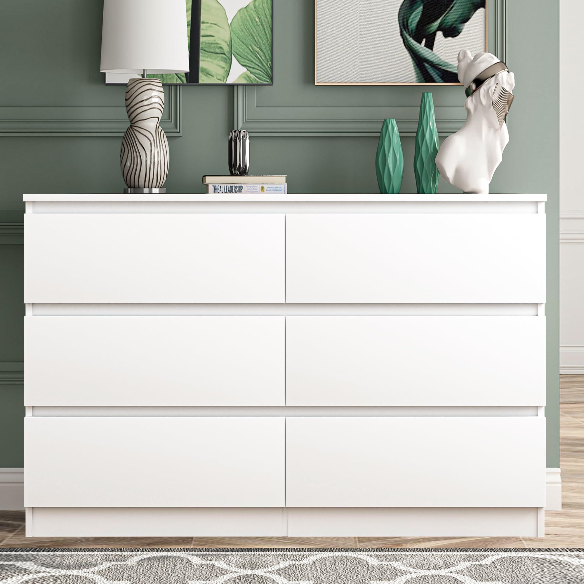 VIBE & DINE White Dresser 6 Drawer - Modern Bedroom Storage Chest
