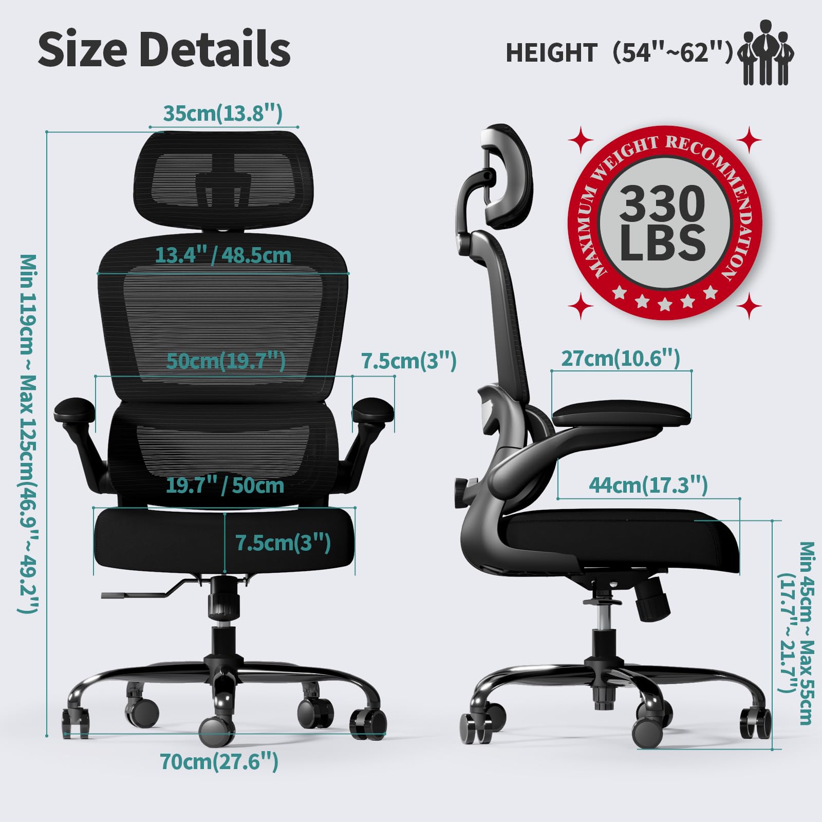 TRALT Ergonomic Office Chair with Wheels - 330 LBS Capacity