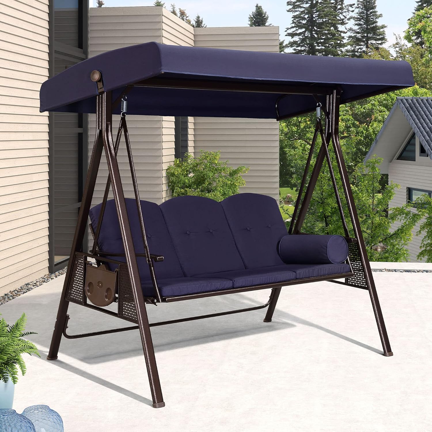 PURPLE LEAF 3-Seat Deluxe Outdoor Patio Porch Swing with Weather Resistant Steel Frame, Adjustable Tilt Canopy, Cushions and Pillow Included