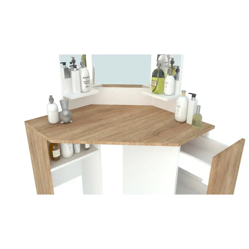 LED-Illuminated Pearl Corner Makeup Vanity with Storage