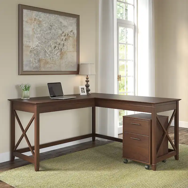 Bush Furniture Key West 60-Inch L-Shaped Desk with Rolling File Cabinet