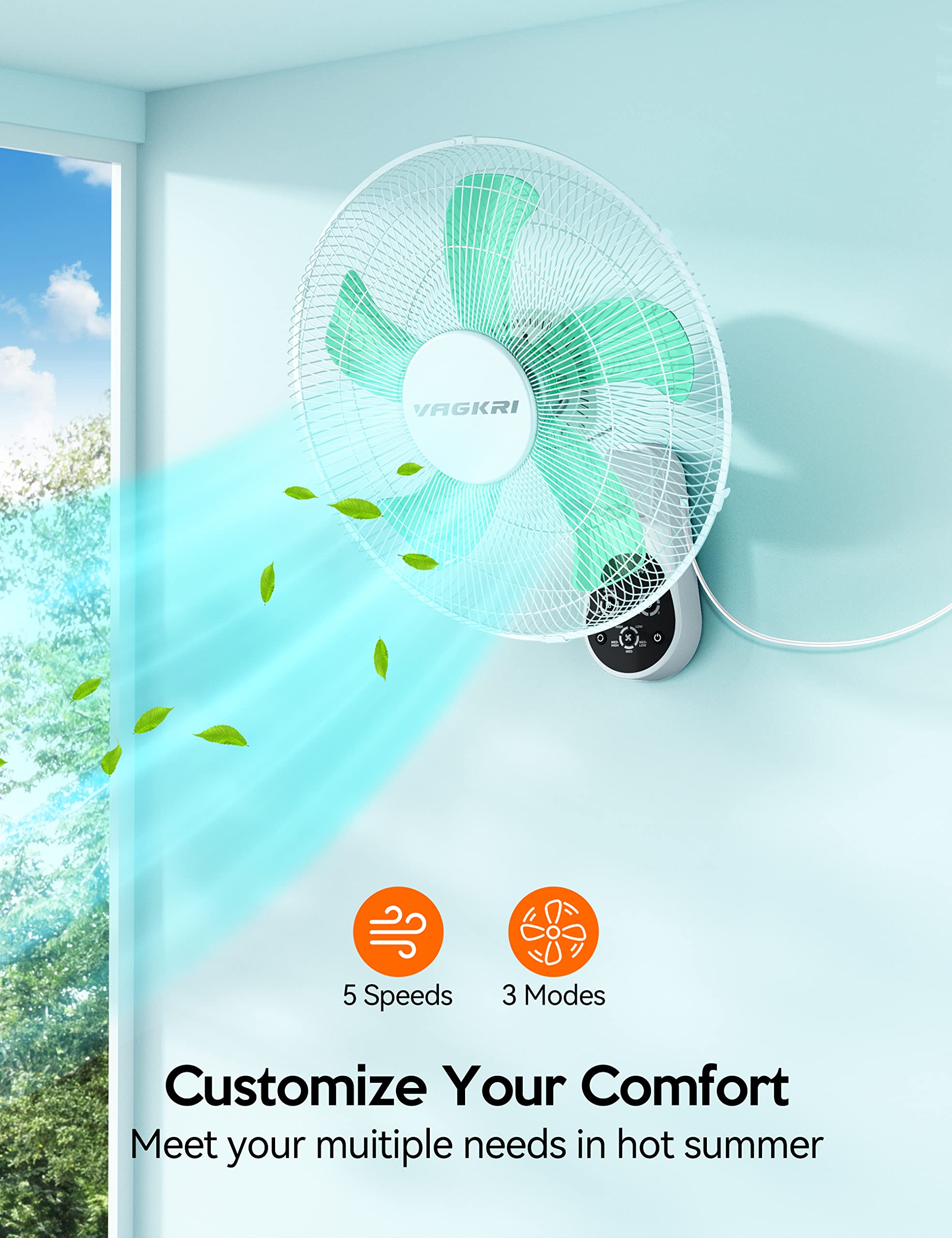 VAGKRI 16-Inch Wall Mount Fan with 5 Blades and Remote