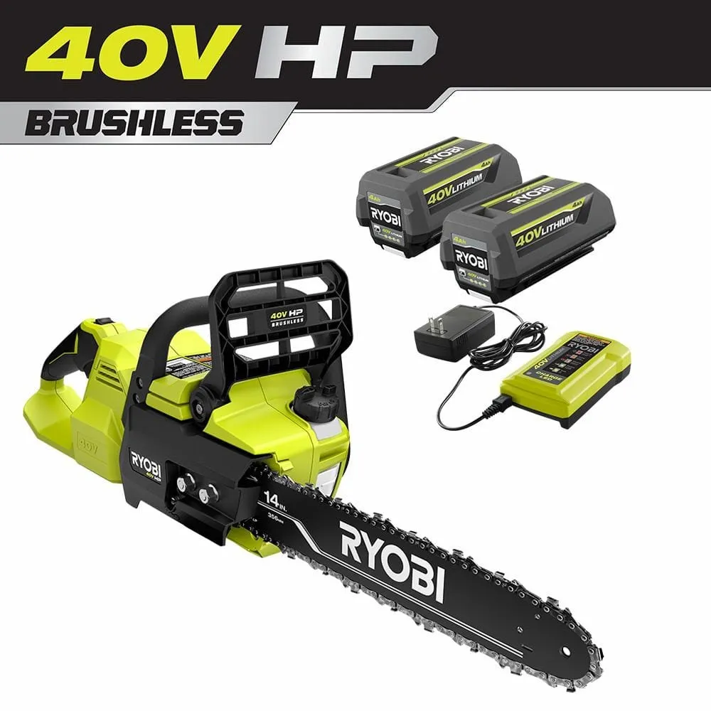 RYOBI 40V HP Brushless 14 in. Battery Chainsaw and 10 in. Battery Pole Saw with 4.0 Ah Battery and Charger