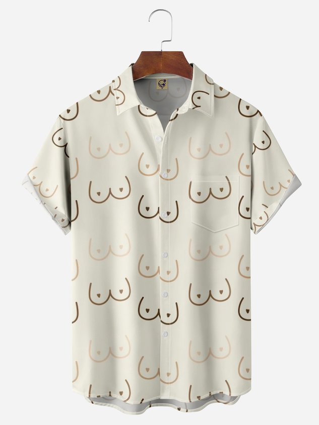 Geometric Line Drawing Chest Pocket Short Sleeve Casual Shirt
