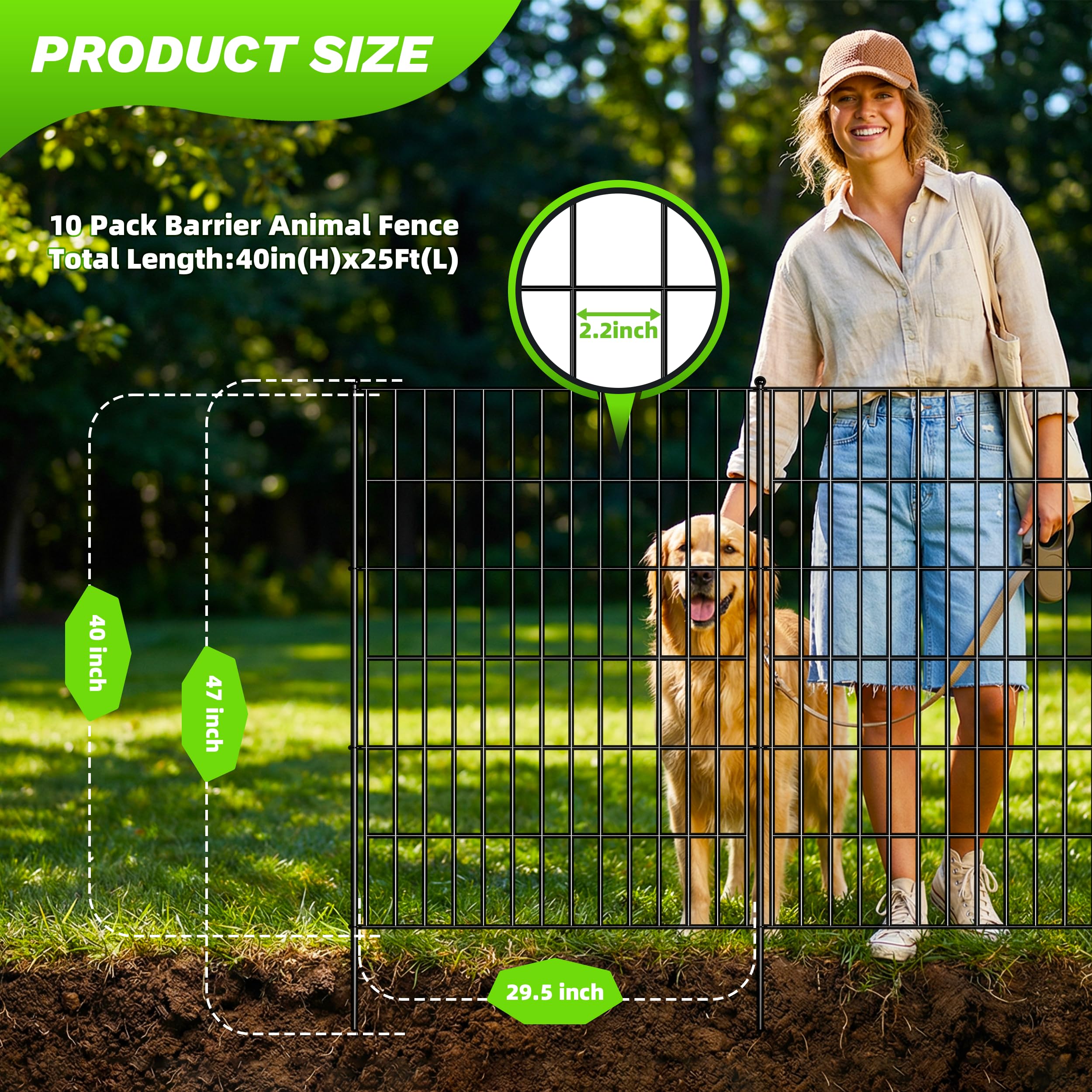 TOOLTERRITARY 10 Panels No Dig Garden Fence with Gate - 40in x 25ft