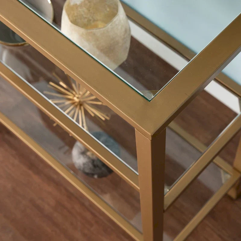 Jensen Gold Metal Console Table with Glass Shelves by SEI Furniture - Narrow Design