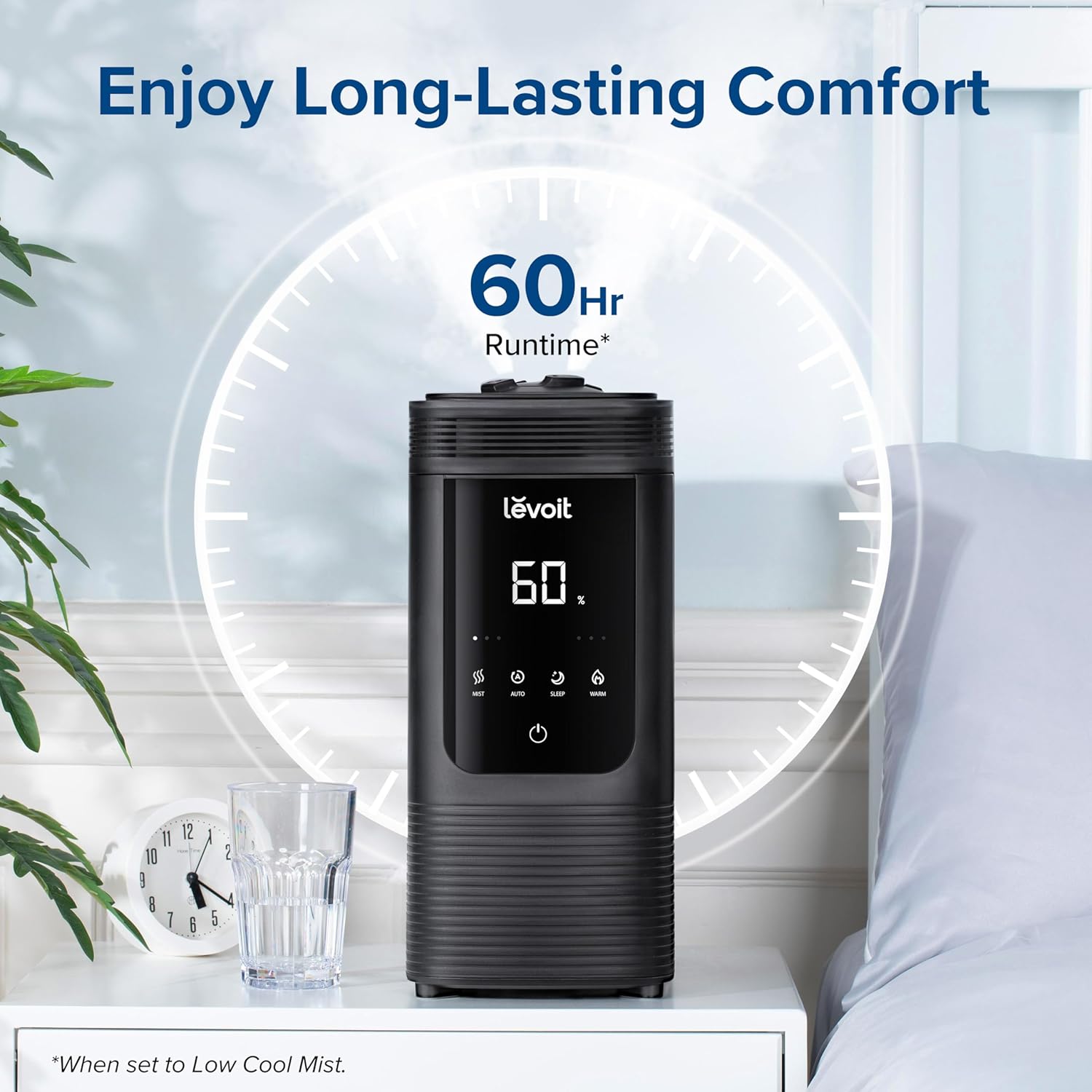 LEVOIT 6L Smart Warm and Cool Mist Humidifiers for Home Bedroom, 60H Runtime and Auto Customized Humidity for Large room, Schedule, Easy Top Fill, Essential Oil Diffuser, Whisper-Quiet, Handle, Black