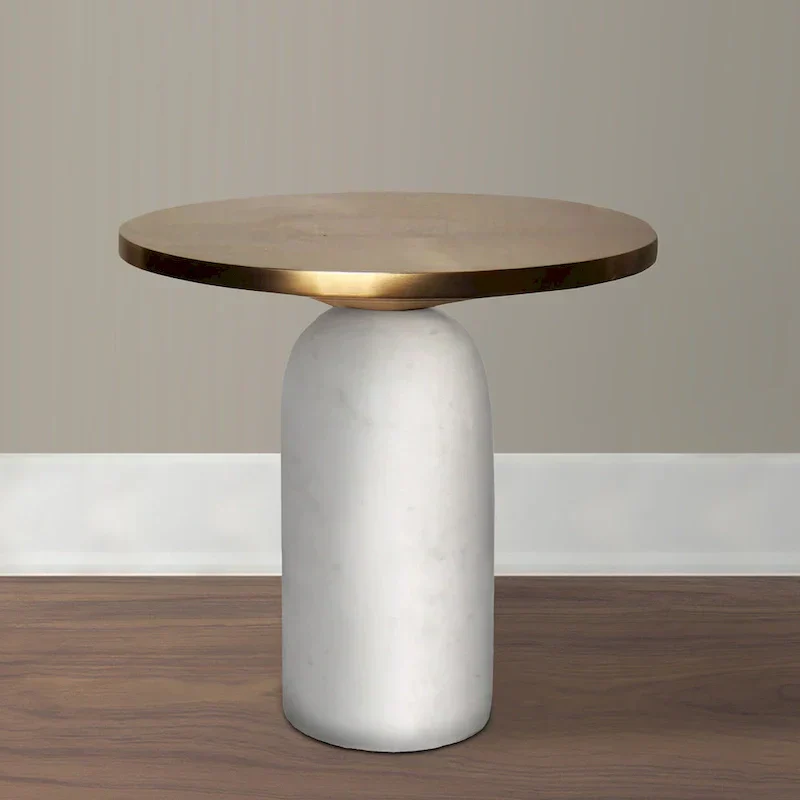 Modern 17-Inch Round Brass Accent End Table with Cylindrical Marble Base in Brass and White