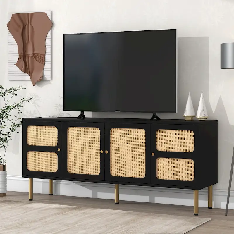 Bohemian Country Wood and Rattan TV Stand Media Console Storage Cabinet - Dimensions: 16.9