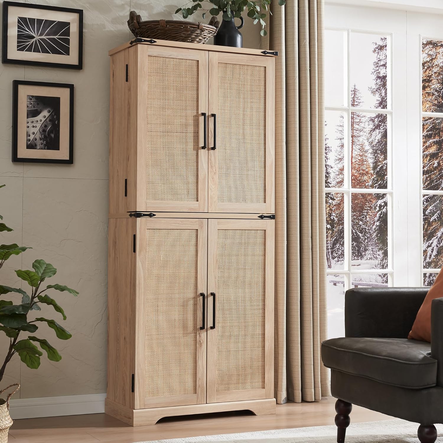 Kitchen Pantry, Farmhouse Storage Cabinet with Barn Doors, Organizer, Drawer and Adjustable Shelves, Rustic Wood Cupboard for Kitchen, Dining Room, Bathroom