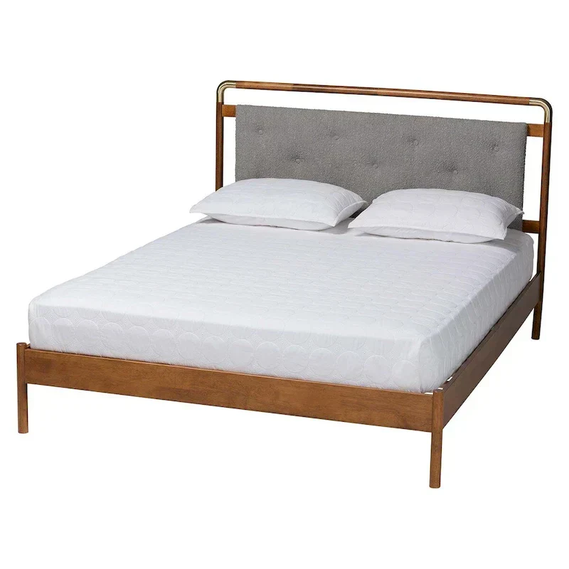 Edwina Queen Size Platform Bed in Light Grey Boucle Fabric with Walnut Brown Wood Accents