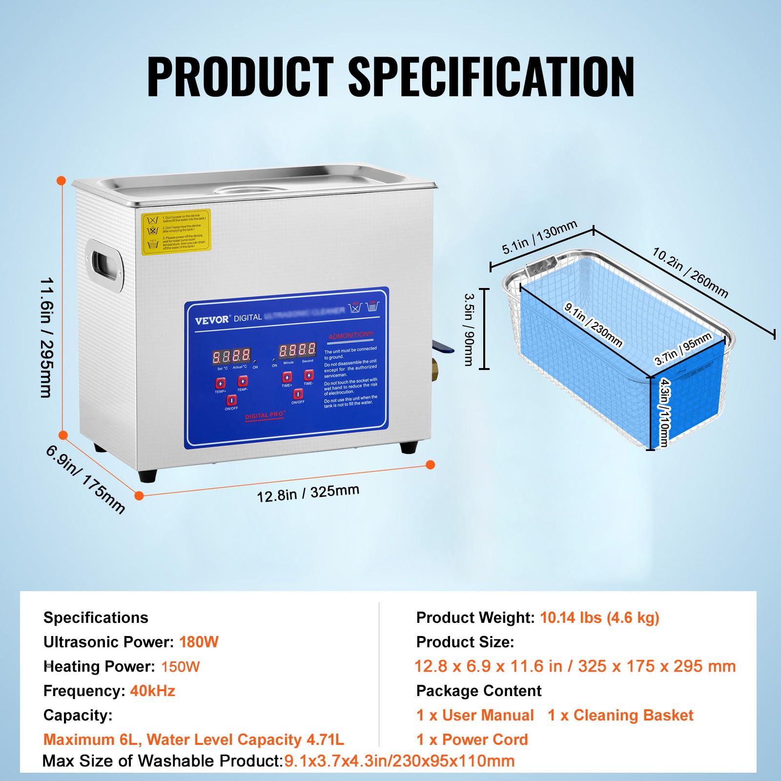 VEVOR 6L Commercial Sonic Cleaner with Digital Timer & Heater