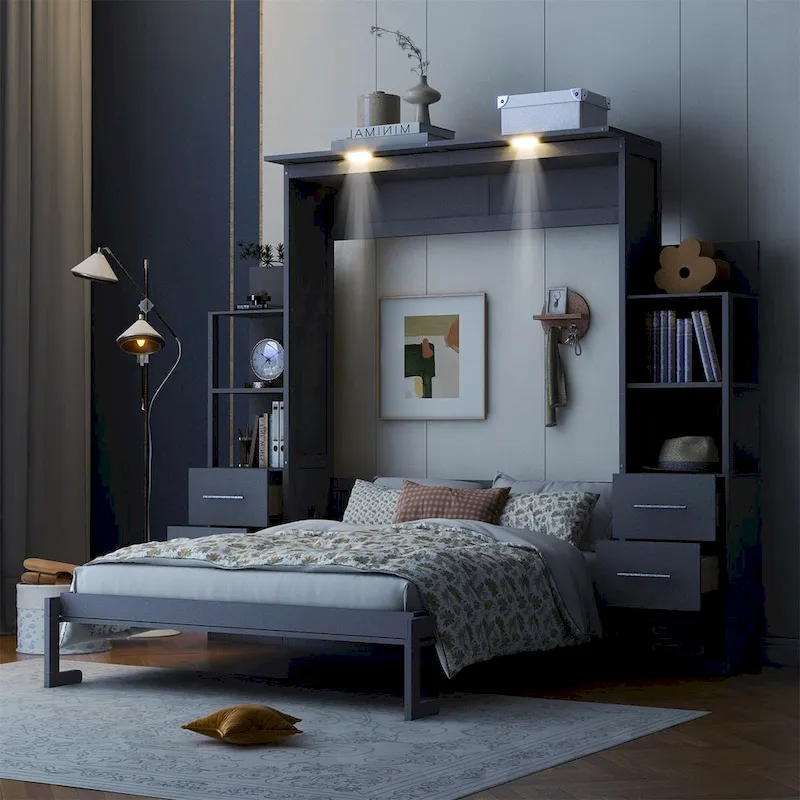 Murphy Bed with Storage Shelves Drawers and Foldable Cabinet Design