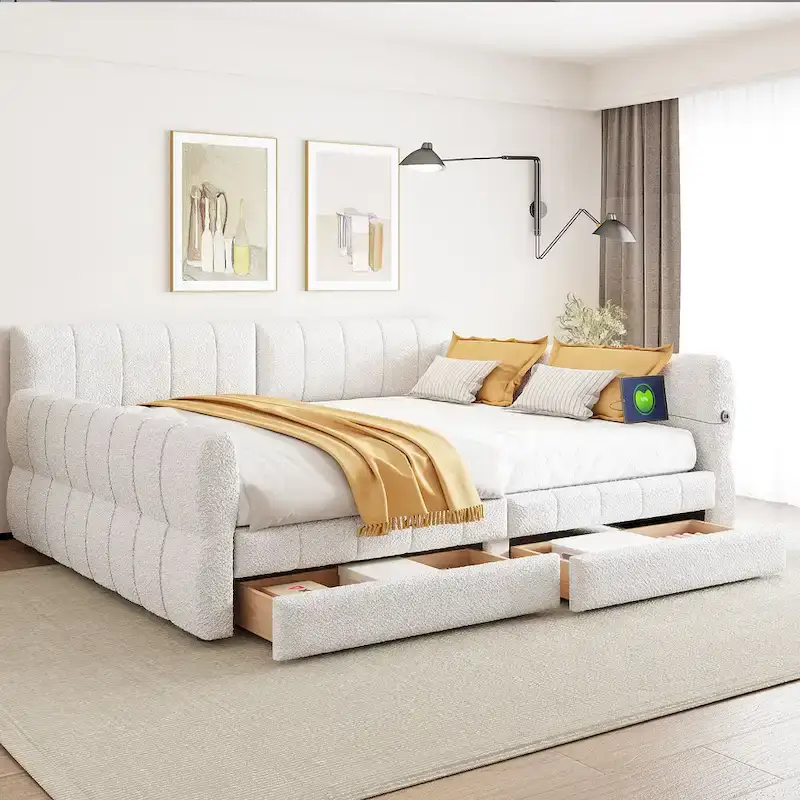 Upholstered Queen Size Daybed Sofa Bed with USB Ports and 2 Drawers - Vertical Stripes Recliner Loveseat Chaise Lounge