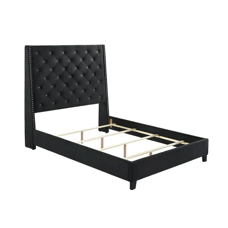 Queen Size Maze Bed with Button Tufting, Nailhead Accents, and Black Fabric Upholstery