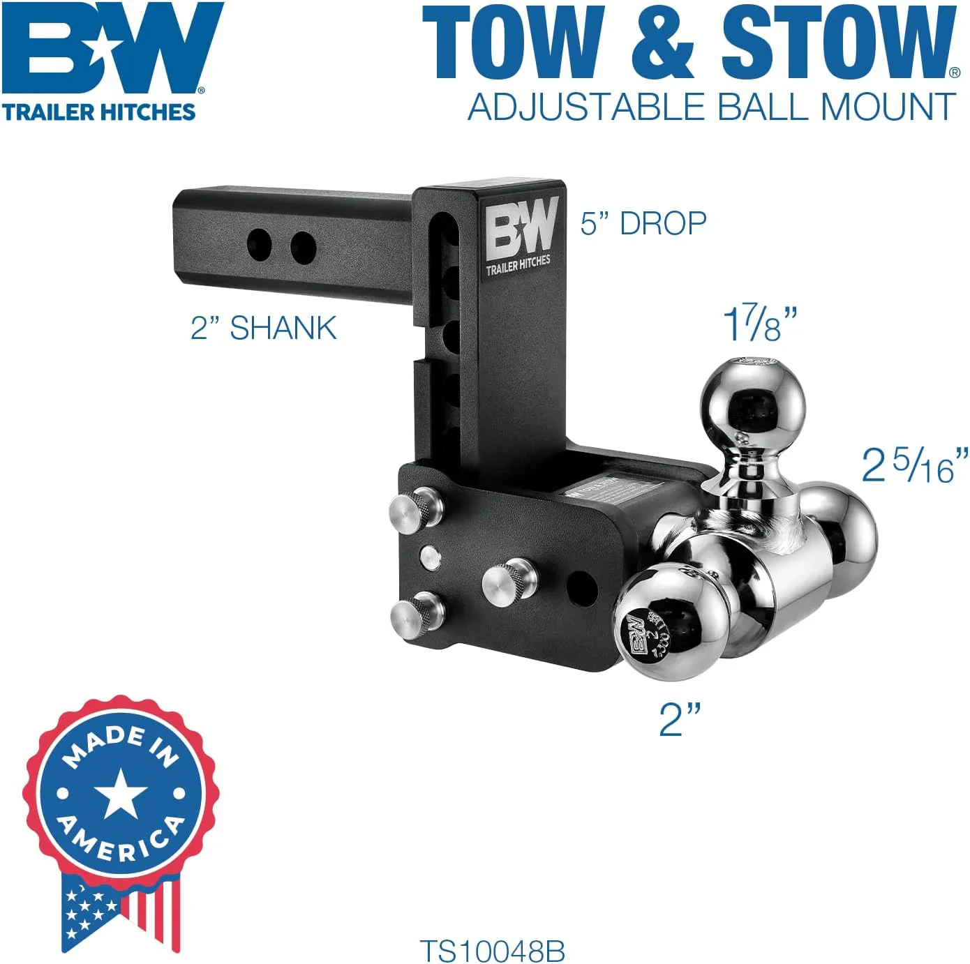 Tow & Stow Adjustable Trailer Hitch Ball Mount - Fits 2