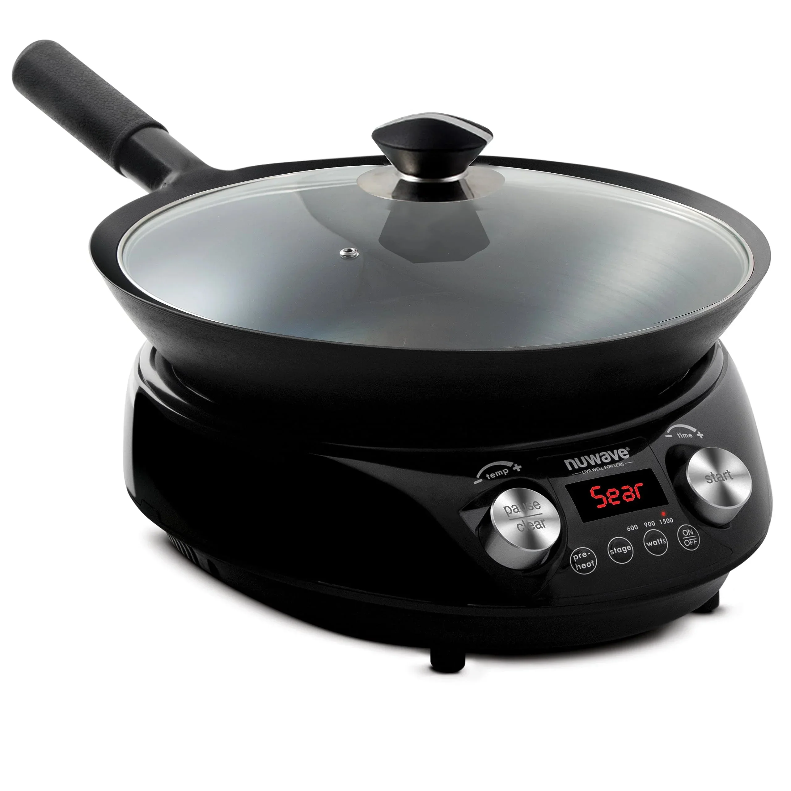 Nuwave Mosaic Induction Wok, Precise Temp Controls from 100u00b0F to 575u00b0F in 5u00b0F, Wok Hei, Infuse Complex Charred Aroma & Flavor, 3 Watts 600, 900 & 1500, Authentic 14-inch Carbon Steel Wok Included