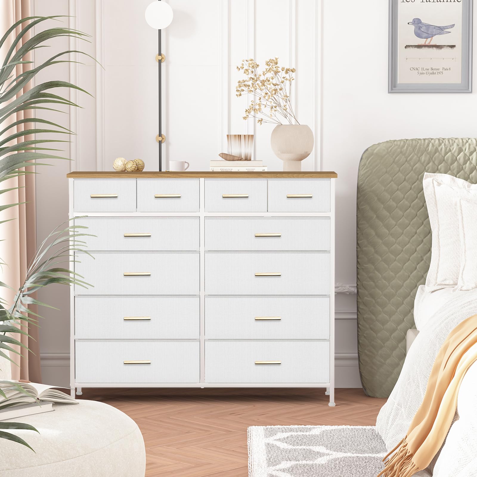 VASICAR White Dresser with 12 Deep Drawers and TV Stand