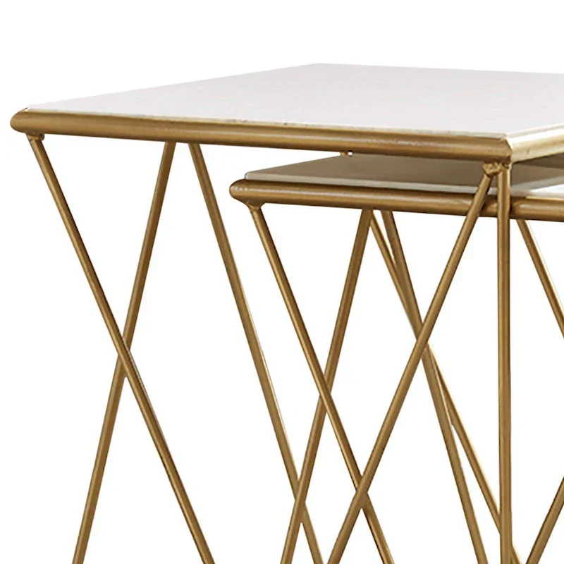 Set of 2 Marble Top Nesting Tables with Geometric Gold Base, White Finish
