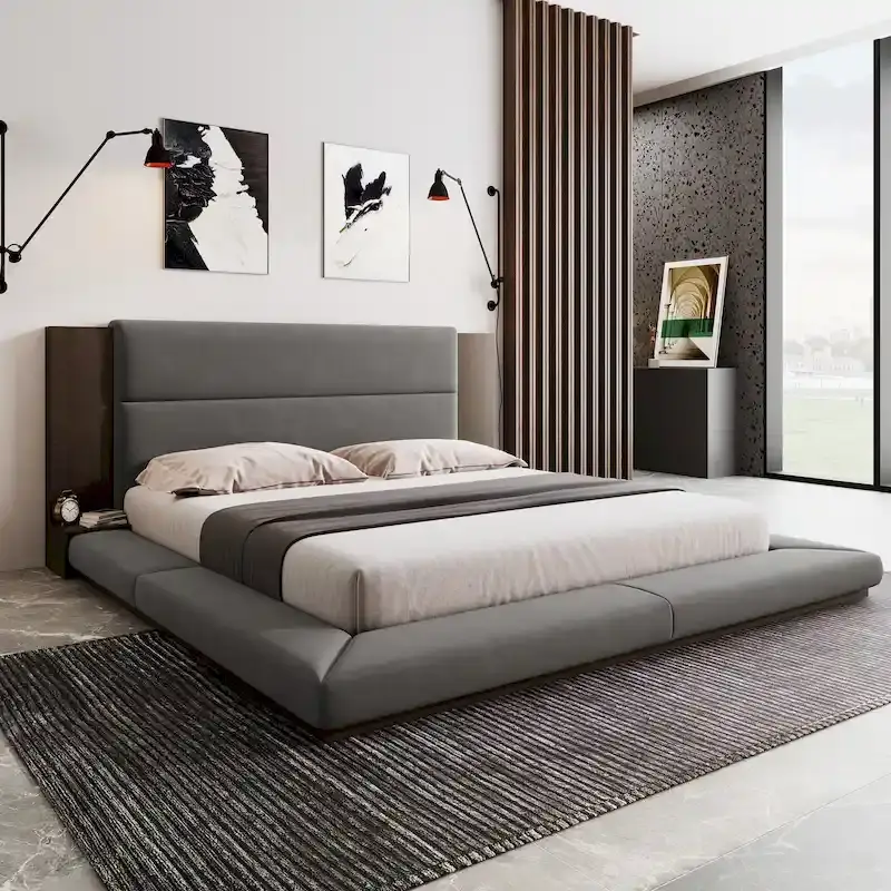 King Gray Upholstered Low Profile Platform Bed with Extended Wood Headboard and Integrated Nightstand Shelves