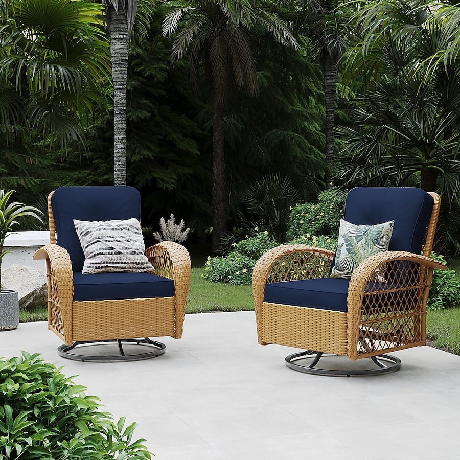 Patio Watcher Swivel Rocking Chair Wicker Stainless Steel Frame (Set of 2) with Cushioned Seat