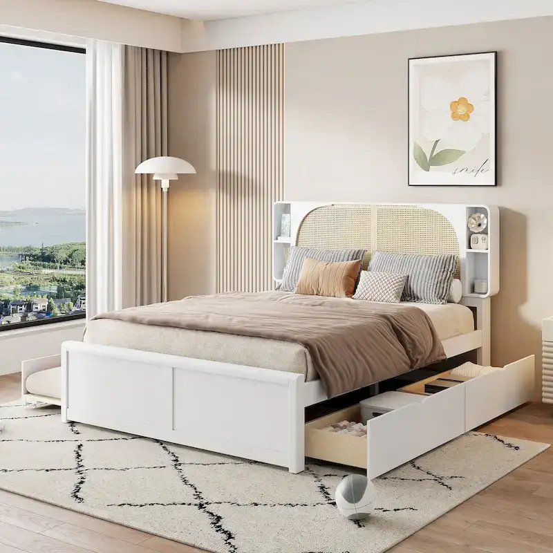 White Queen Size Rattan Bed with Trundle and Dual Storage Drawers