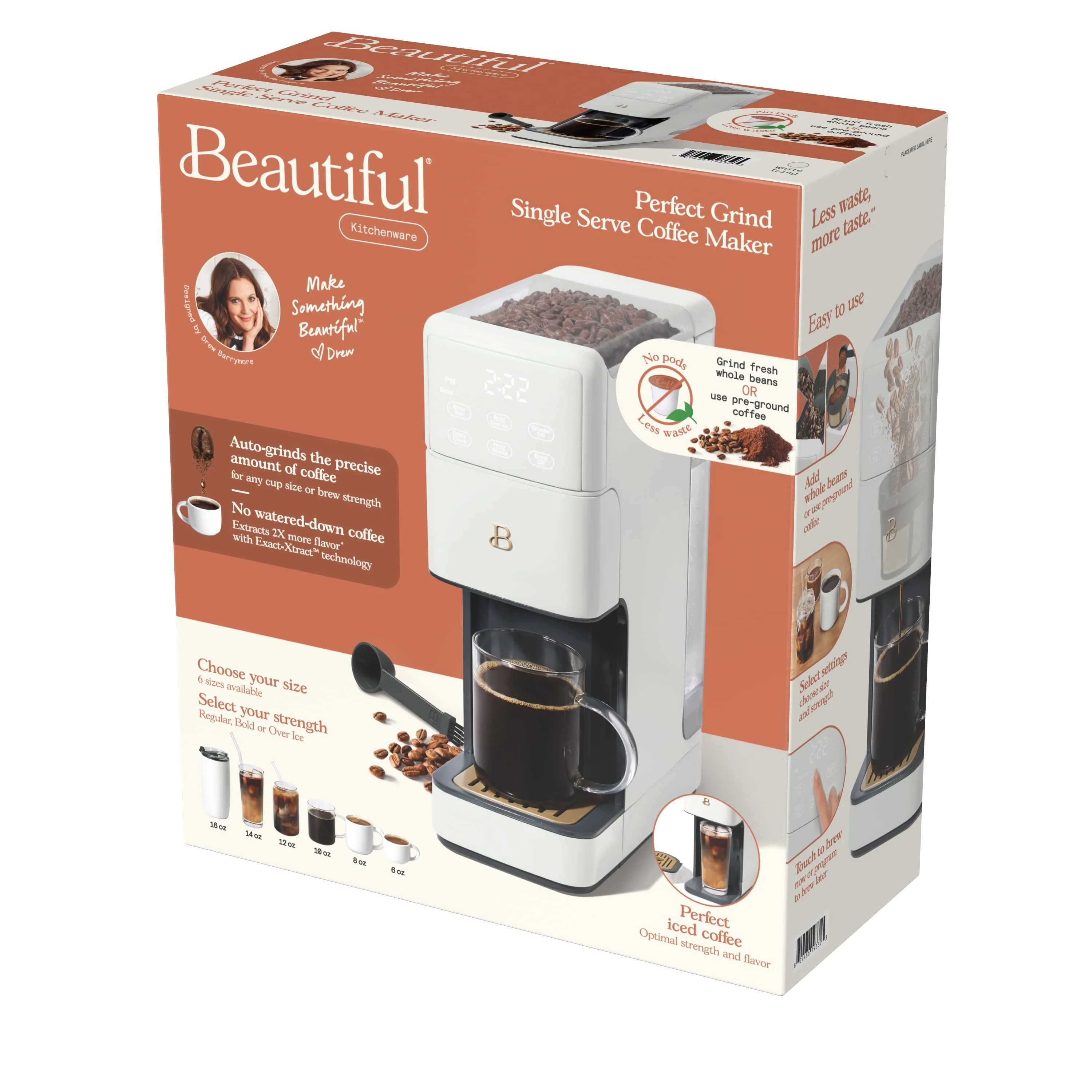 Beautiful Perfect Grind™ Programmable Single Serve Coffee Maker with Build-In Grinder, White Icing by Drew Barrymore