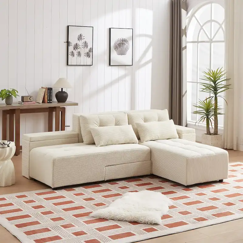 Beige Modular Corduroy Sleeper Sofa and Sectional Set - Versatile 3-in-1 Design