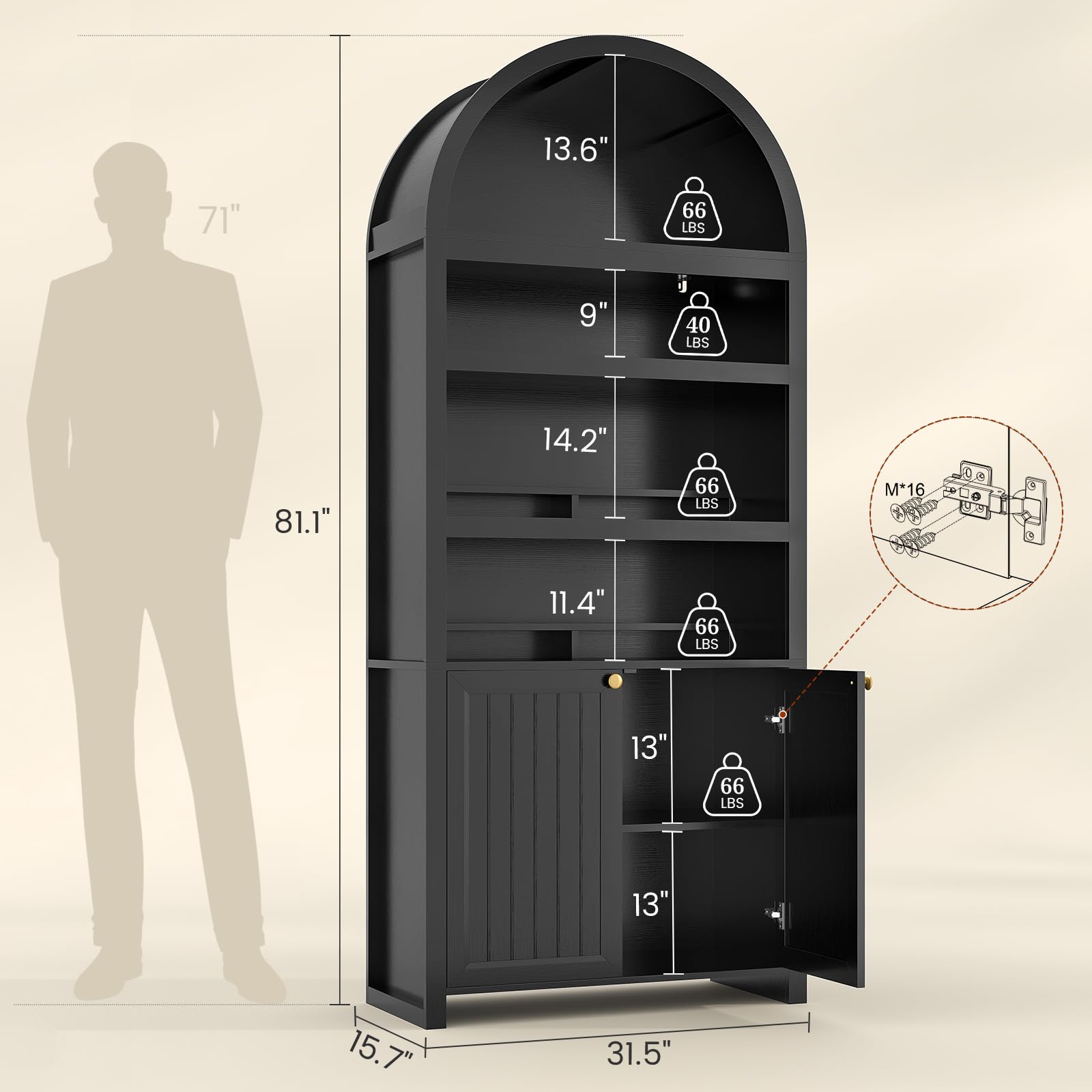UPOSOJA 81 Tall Arched Black Bookcase with Storage & Doors