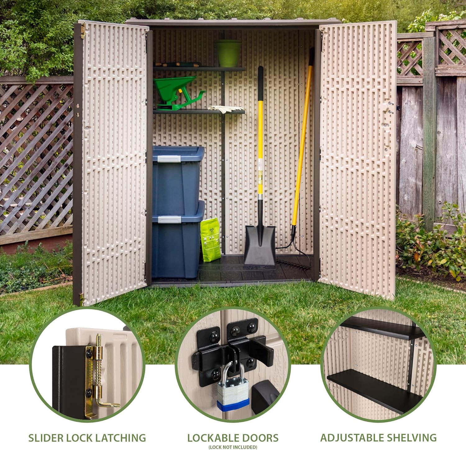 Vertical Storage Shed Resin Outdoor Tool Storage Cabinet Lockable Doors Weather Resistant Panels Desert Sand 51 cu ft 60326