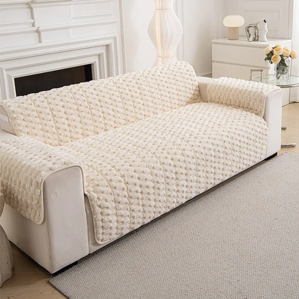 Fuzzy Bubble Plush One-Piece Pet-Friendly Sofa Protection Non-Slip Couch Cover