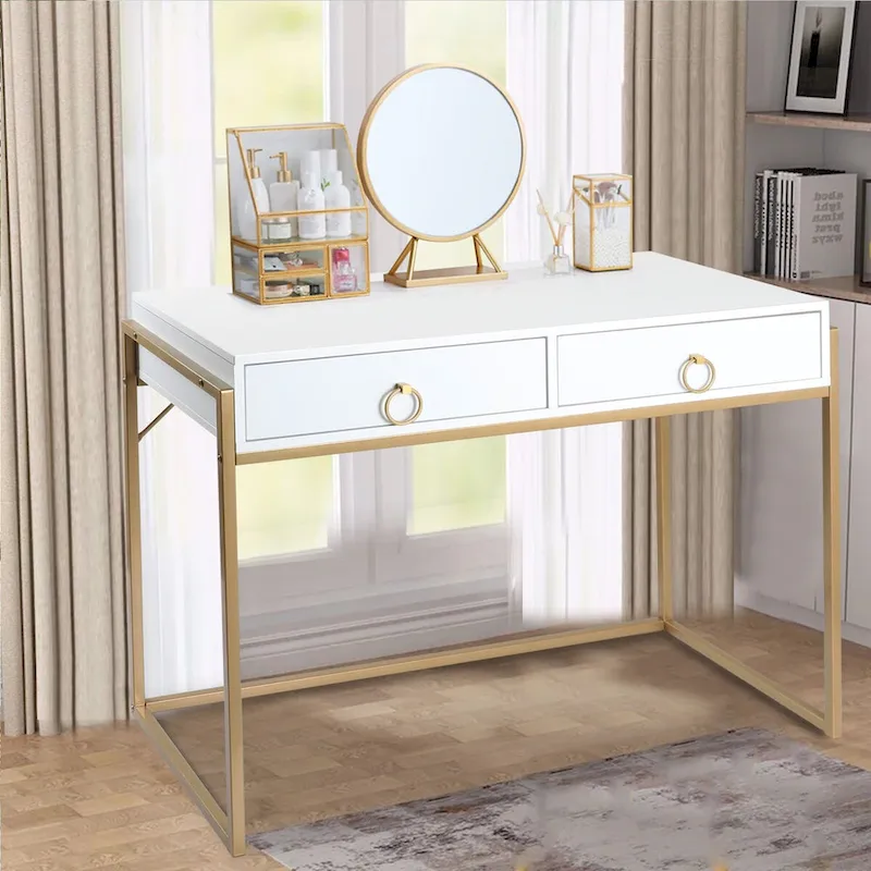 Anmytek Contemporary White and Gold Computer Desk - Stylish Vanity Writing Table with 2 Drawers for Home Office