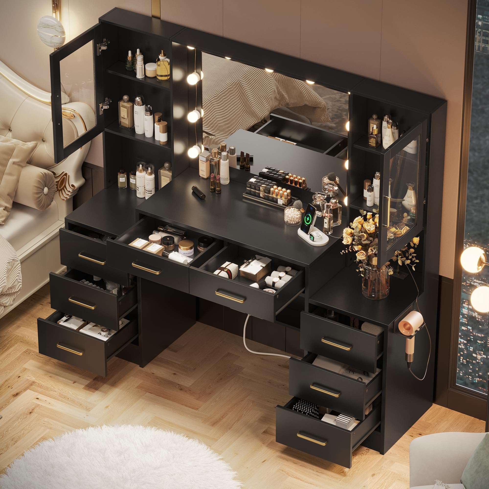 TOKSOM Black Vanity Desk with Mirror, Lights & Storage
