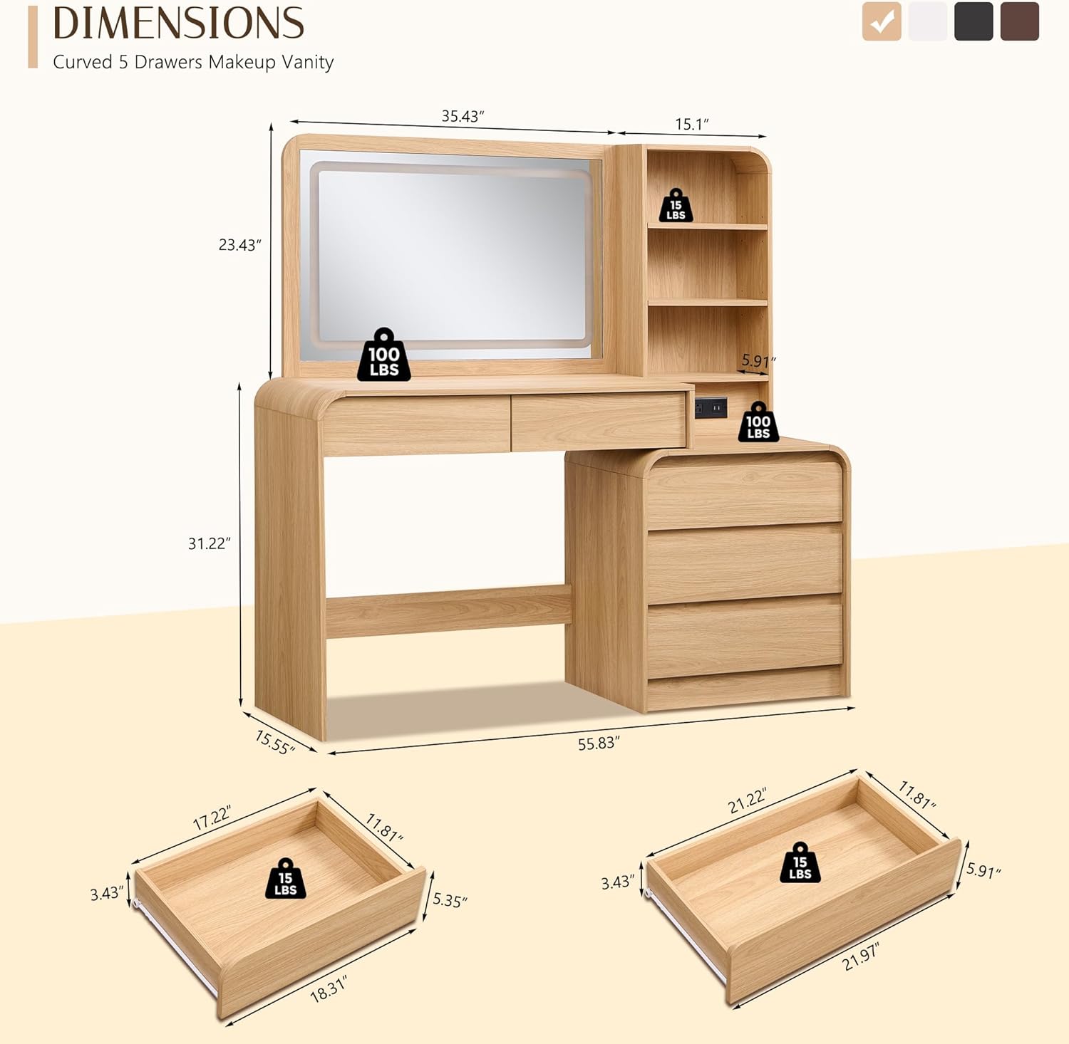 Vanity Desk with Mirror and Lights 50 inch Makeup Vanity 35.43 inch LED Mirror 5 Drawers Charging Station Natural