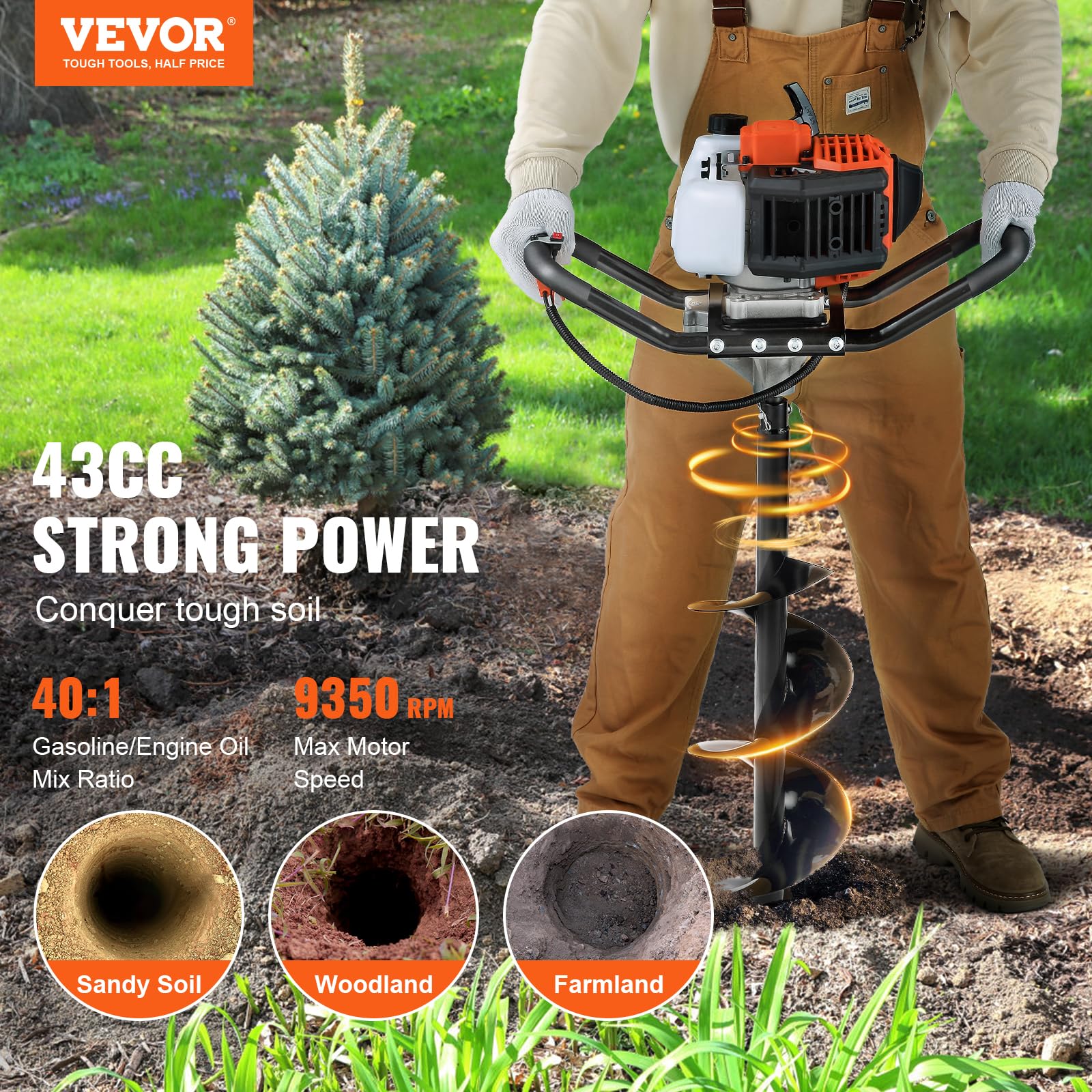 VEVOR Post Hole Digger - 43cc Gas Powered Auger with 8 Bit