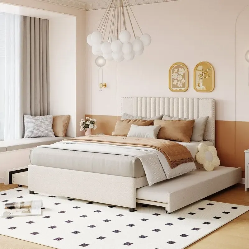 Upholstered Platform Bed with Storage Drawers and Trundle Bed