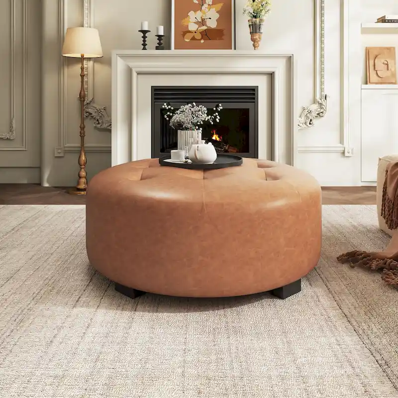 Christopher Knight Home Round Ottoman with Button Tufting in PU Leather