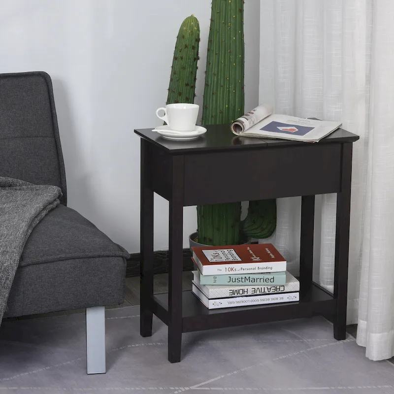 HOMCOM Flip Top End Side Table with Cabinet and Bottom Shelf – Stylish Storage Solution for Bedroom