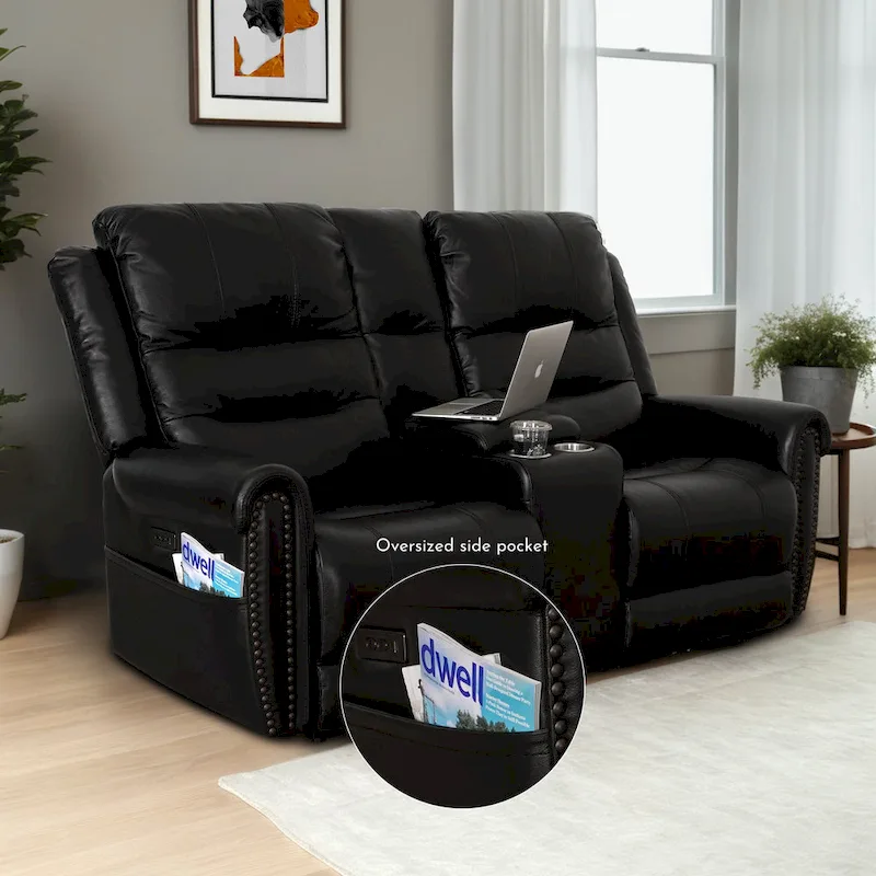 Authentic Leather Black Power Recliner Sofa Set: Loveseat and Recliner with Adjustable Headrest and Extendable Footrest