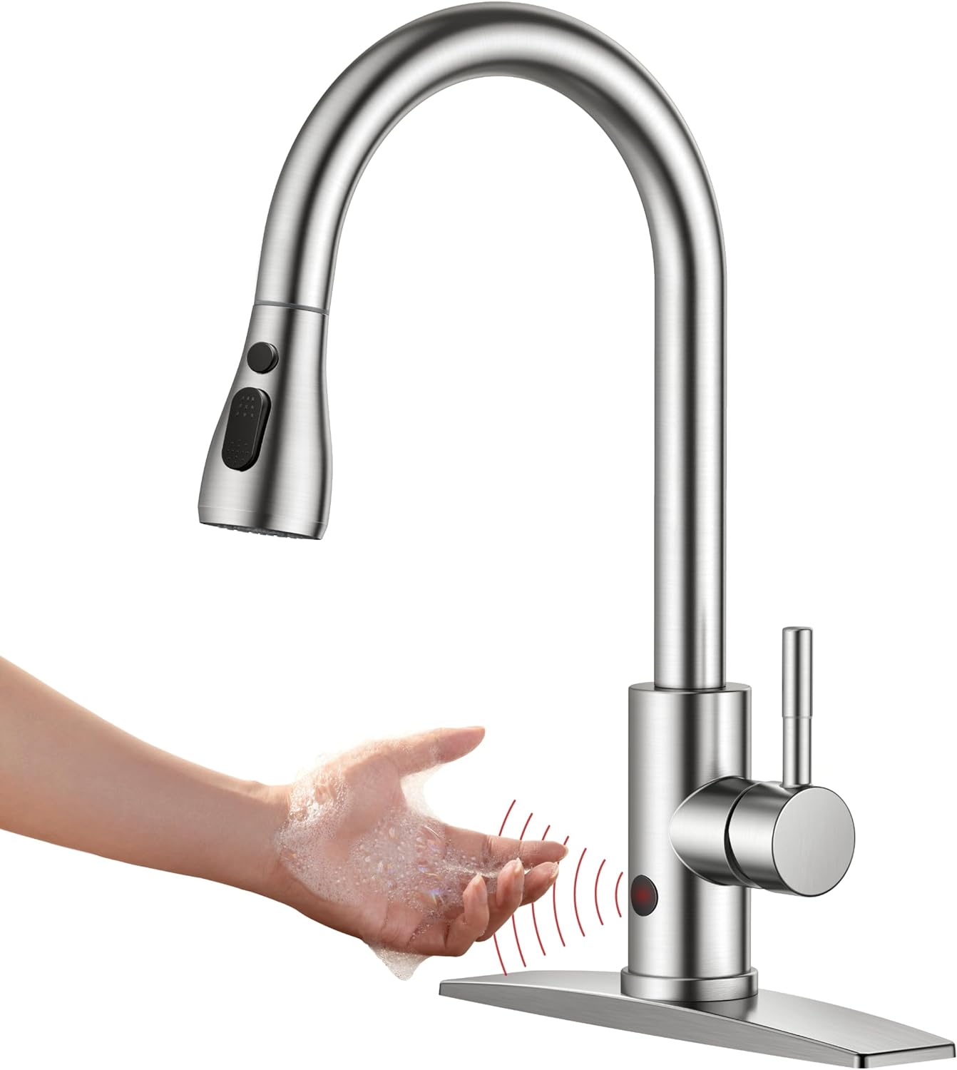 FORIOUS Touchless Kitchen Faucets, Brushed Nickel Kitchen Faucet with Pull Down Sprayer, Single Handle Smart Motion Sensor Kitchen Sink Faucet,Contemporary Hands-Free Sink Faucet for Farmhouse Laundry