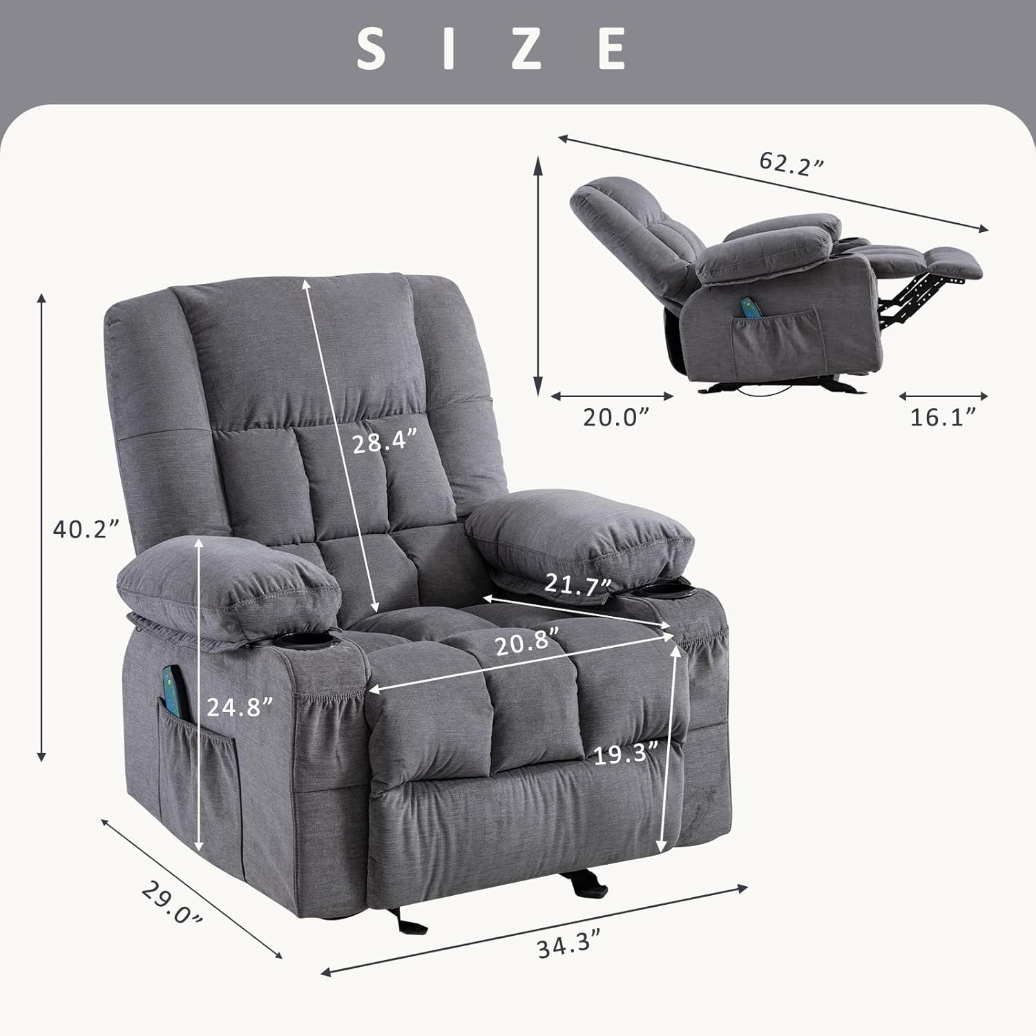 Massage Rocker Recliner Chair with Vibration Massage and Heat Ergonomic Lounge Chair for Living Room with Rocking Function and Side Pocket, 2 Cup Holders, USB Charge Port