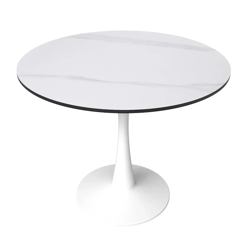 Bristol 35-Inch Round Dining Table for 4 with Sintered Stone Top and White Stainless Steel Pedestal Base
